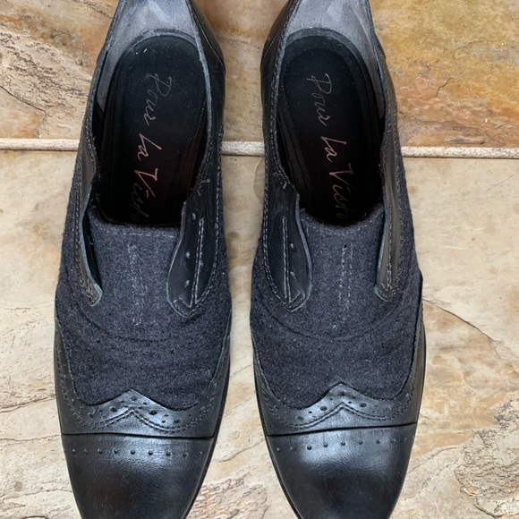 Laceless Oxford Slip-on Loafer Two-tone Leather Fabric Black/Charcoal US8 Eur39 - Picture 2 of 11
